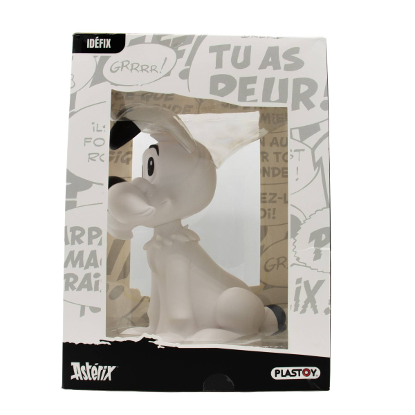 Rechte Seitenansicht der Idefix Figur von Plastoy in der Verpackung mit Asterix-Comicmotiven und dem Schriftzug „GRRrr!“.